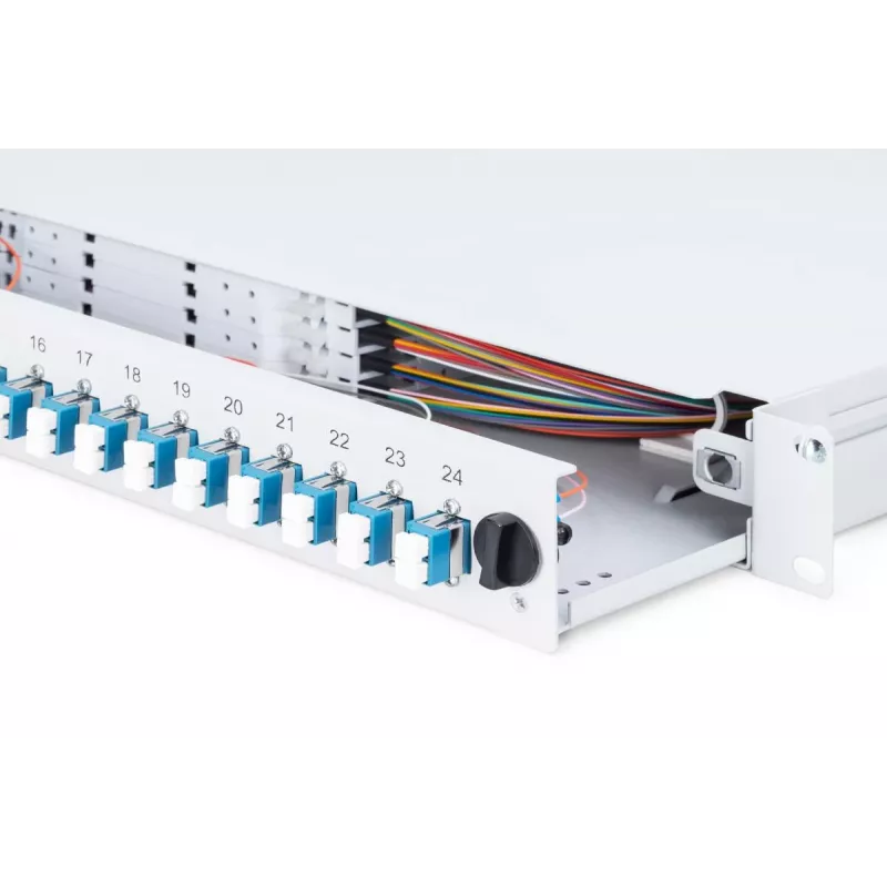 DIGITUS kiudoptiline liugliitesalv, 1U, varustatud 24x LC duplex, sisaldab M 25 kruvi, liitesalv Singlemode OS2, värvilised sabakiud