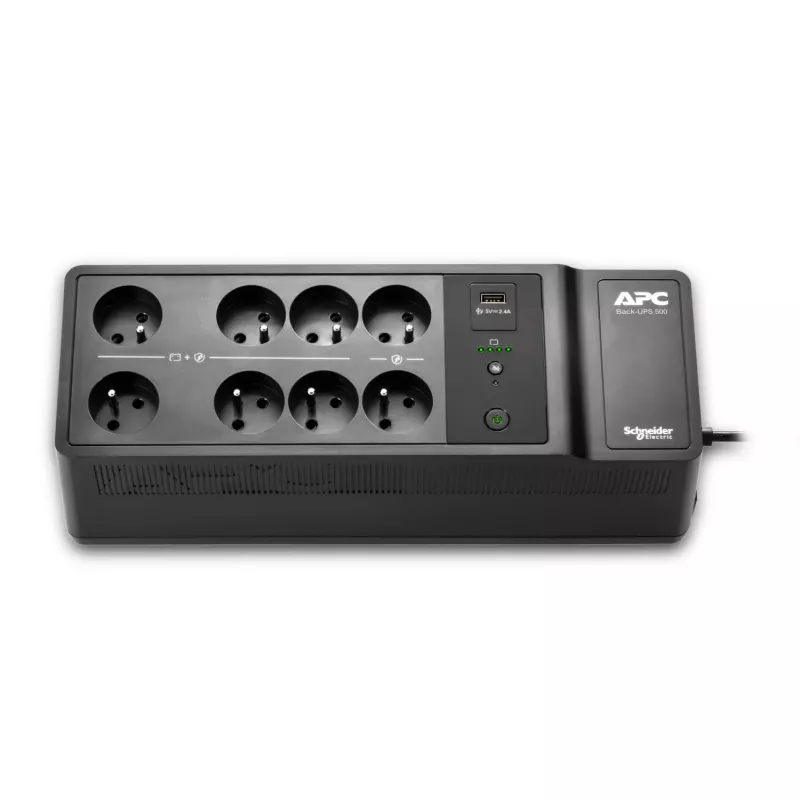 APC Back-UPS, 500VA/300W Floor/Wall Mount, 230V, 8x French/Belgian outlets, USB Type A Port, User Replaceable aku