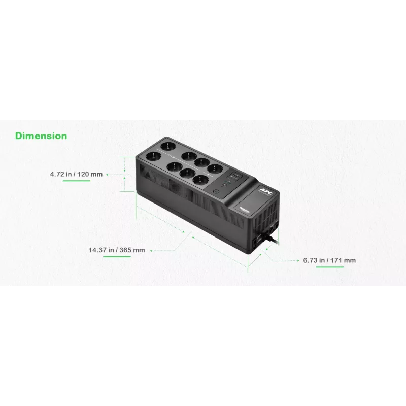 APC Back-UPS, 500 VA/300 W, põrandale/seinale, 230 V, 8x CEE 7/3 Schuko pistikupesa, USB Type A port, kasutaja vahetatav aku