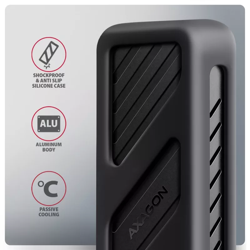 Axagon EEM2-20G USB-C 20Gbps - M.2 NVMe SSD ARMORED karp, SSD korpus, M.2, M.2, NVMe-oF, PCI Express, 20 Gbit/s, USB-ühenduvus, Must
