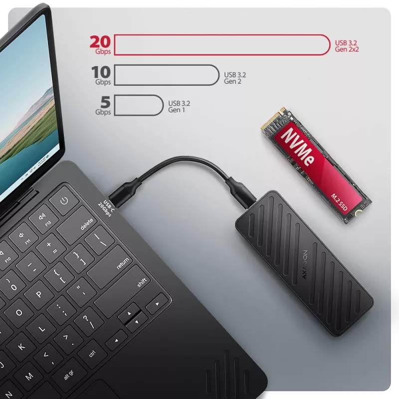 Axagon EEM2-20G USB-C 20Gbps - M.2 NVMe SSD ARMORED karp, SSD korpus, M.2, M.2, NVMe-oF, PCI Express, 20 Gbit/s, USB-ühenduvus, Must