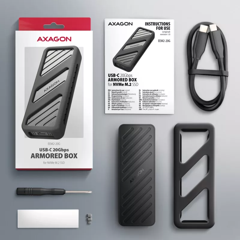 Axagon EEM2-20G USB-C 20Gbps - M.2 NVMe SSD ARMORED karp, SSD korpus, M.2, M.2, NVMe-oF, PCI Express, 20 Gbit/s, USB-ühenduvus, Must