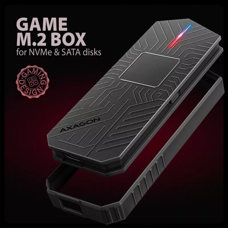 Axagon EEM2-GAM väline USB-C 10Gbps metallkarp M.2 NVMe ja SATA SSD ketastele. Kruvivaba