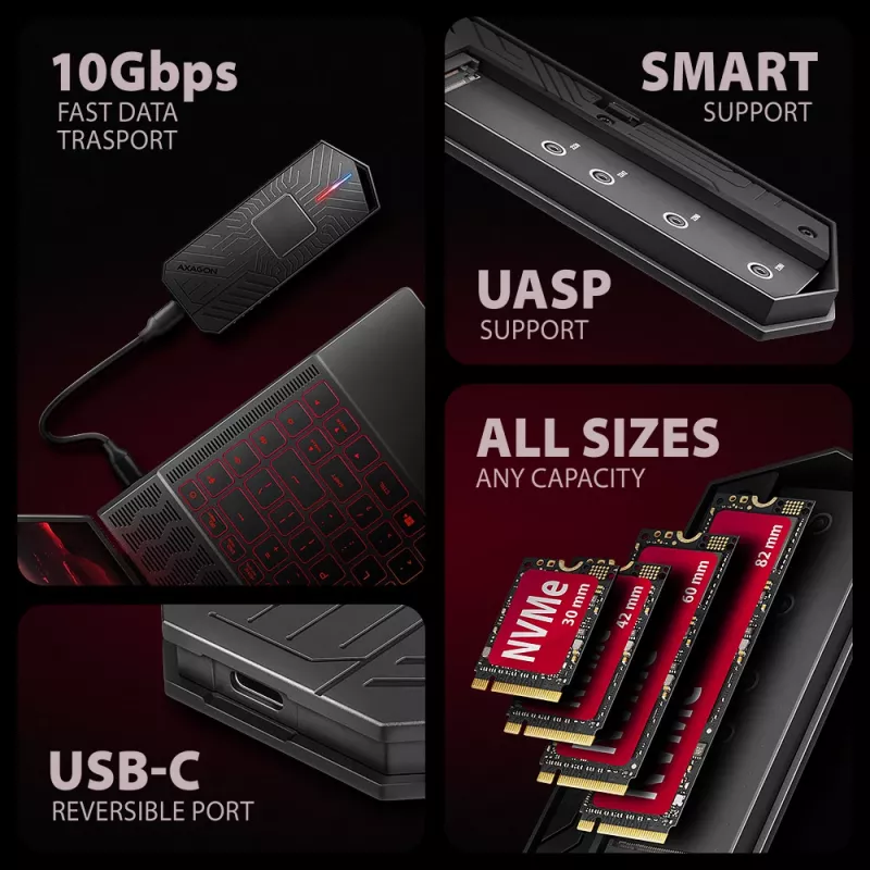 Axagon EEM2-GAM väline USB-C 10Gbps metallkarp M.2 NVMe ja SATA SSD ketastele. Kruvivaba
