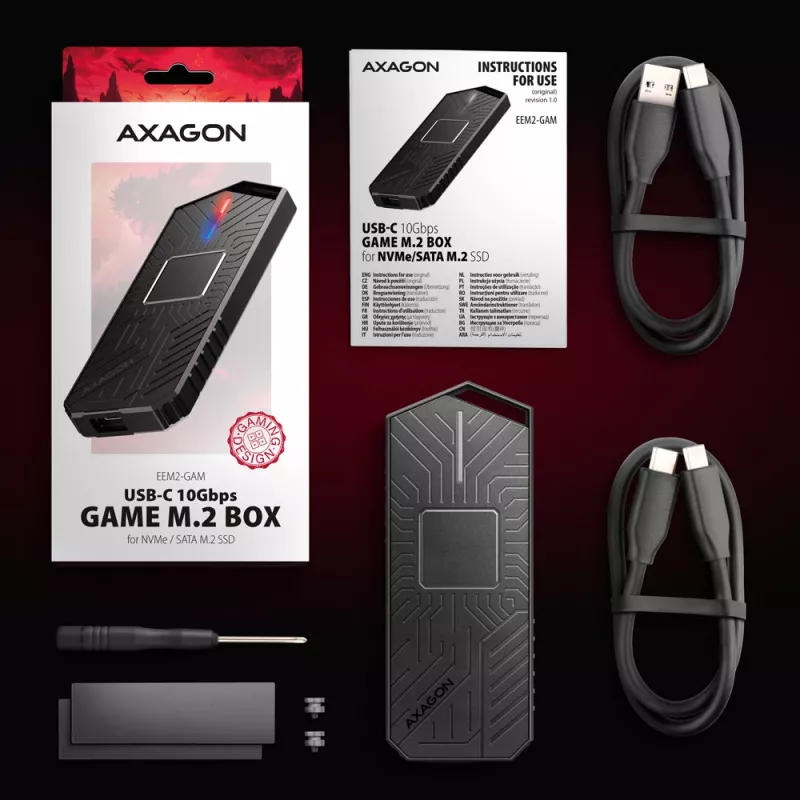 Axagon EEM2-GAM väline USB-C 10Gbps metallkarp M.2 NVMe ja SATA SSD ketastele. Kruvivaba