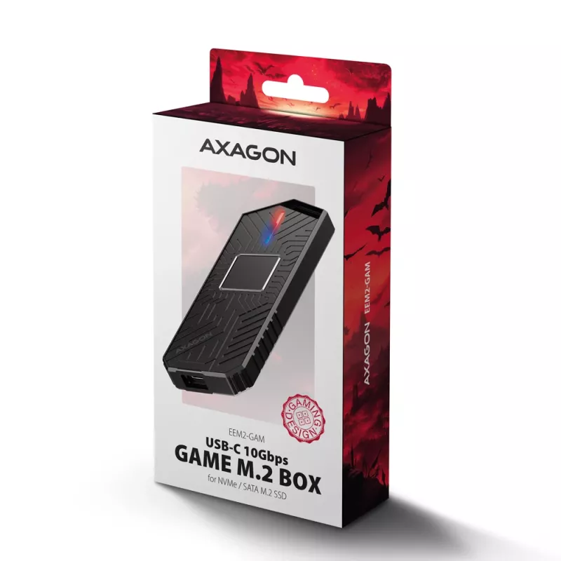 Axagon EEM2-GAM väline USB-C 10Gbps metallkarp M.2 NVMe ja SATA SSD ketastele. Kruvivaba