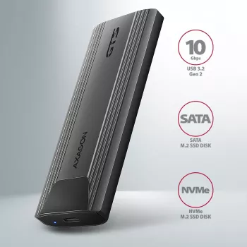 Axagon EEM2-GTS2 väline USB-C 10Gbps metallkorpus M.2 NVMe ja SATA SSD ketastele. Kruvivaba