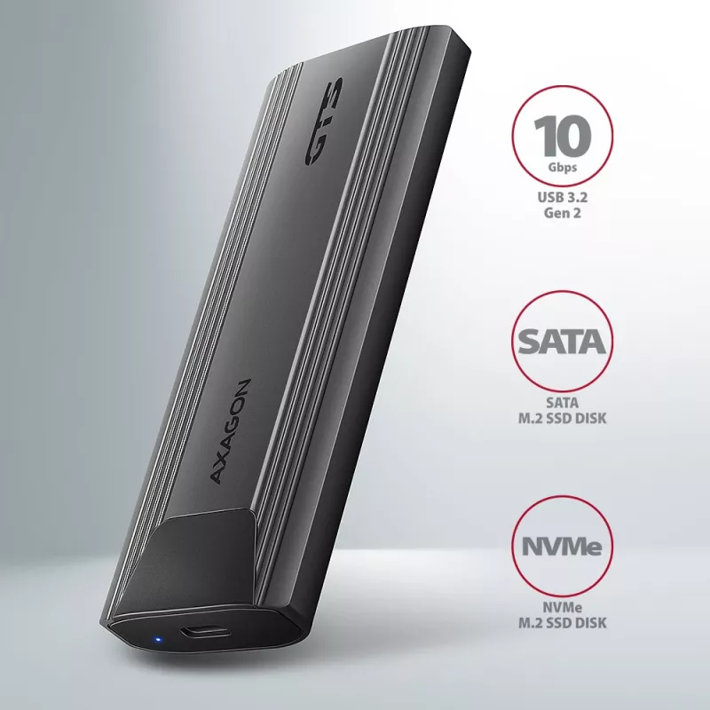 Axagon EEM2-GTS2 väline USB-C 10Gbps metallkorpus M.2 NVMe ja SATA SSD ketastele. Kruvivaba
