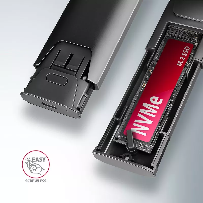 Axagon EEM2-GTS2 väline USB-C 10Gbps metallkorpus M.2 NVMe ja SATA SSD ketastele. Kruvivaba