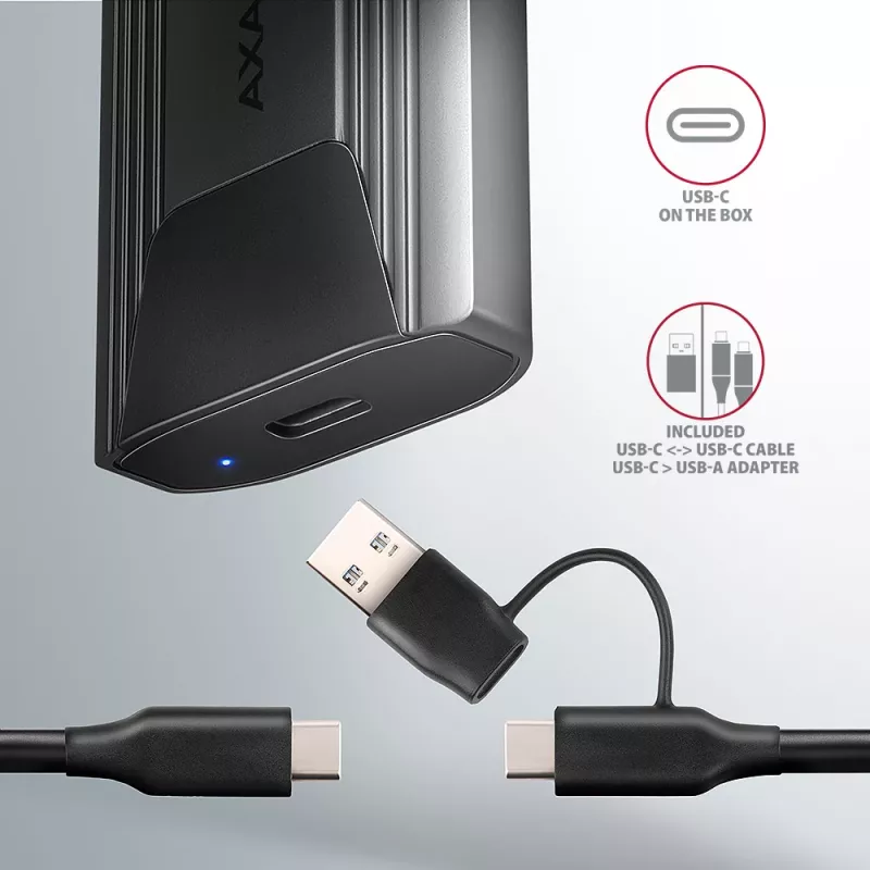 Axagon EEM2-GTS2 väline USB-C 10Gbps metallkorpus M.2 NVMe ja SATA SSD ketastele. Kruvivaba