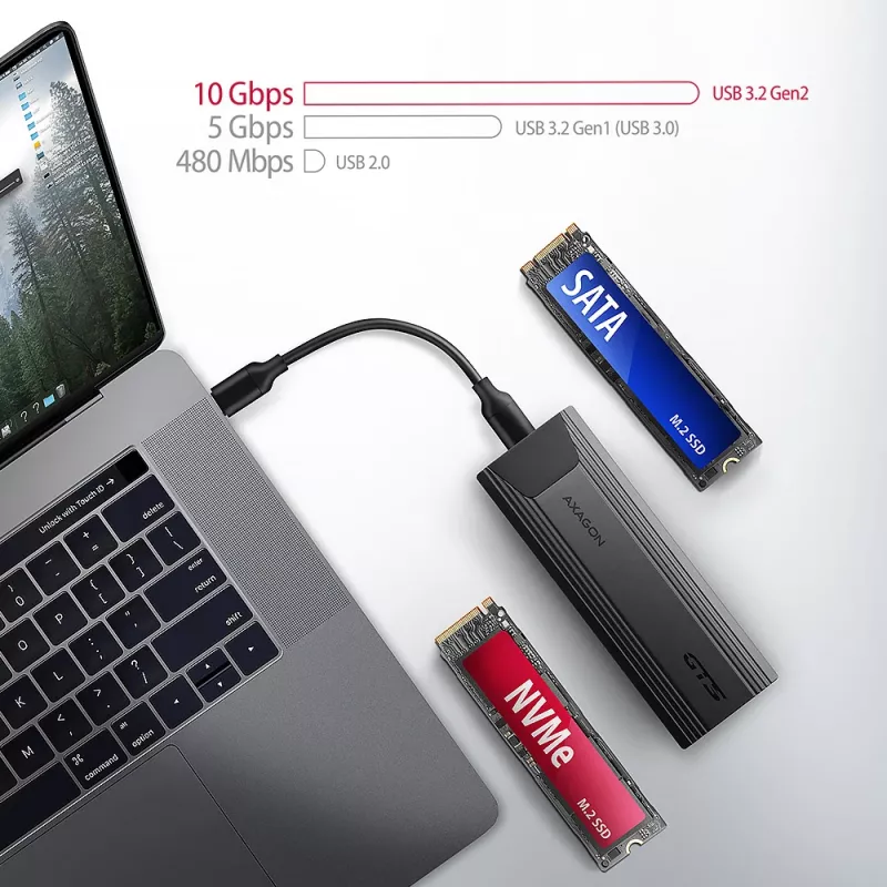 Axagon EEM2-GTS2 väline USB-C 10Gbps metallkorpus M.2 NVMe ja SATA SSD ketastele. Kruvivaba