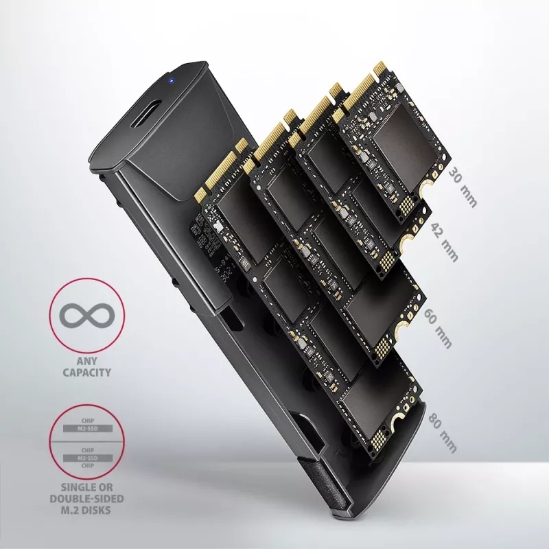 Axagon EEM2-GTS2 väline USB-C 10Gbps metallkorpus M.2 NVMe ja SATA SSD ketastele. Kruvivaba