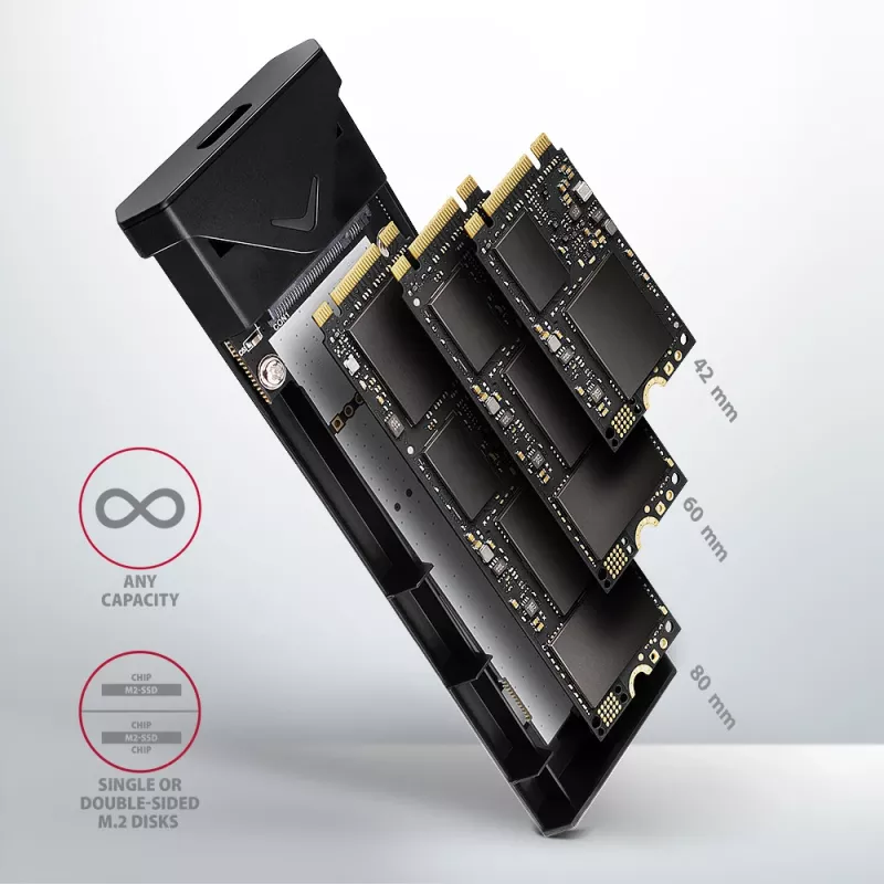 Axagon EEM2-UB2 väline USB-C 10Gbps metallkarp M.2 NVMe SSD ketastele. Must