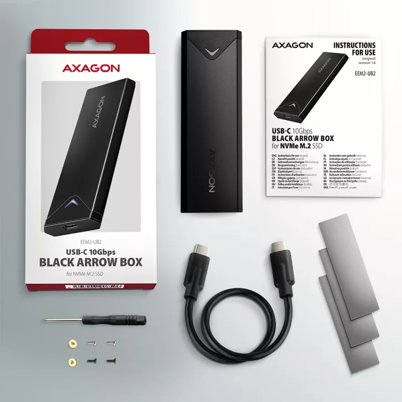 Axagon EEM2-UB2 väline USB-C 10Gbps metallkarp M.2 NVMe SSD ketastele. Must