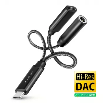 Axagon ADA-HCPD USB-C 3,5 mm pesasse - Hi-Res DAC heliadapter, 384kHz/32bit, PD 60W 3A