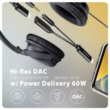 Axagon ADA-HCPD USB-C 3,5 mm pesasse - Hi-Res DAC heliadapter, 384kHz/32bit, PD 60W 3A