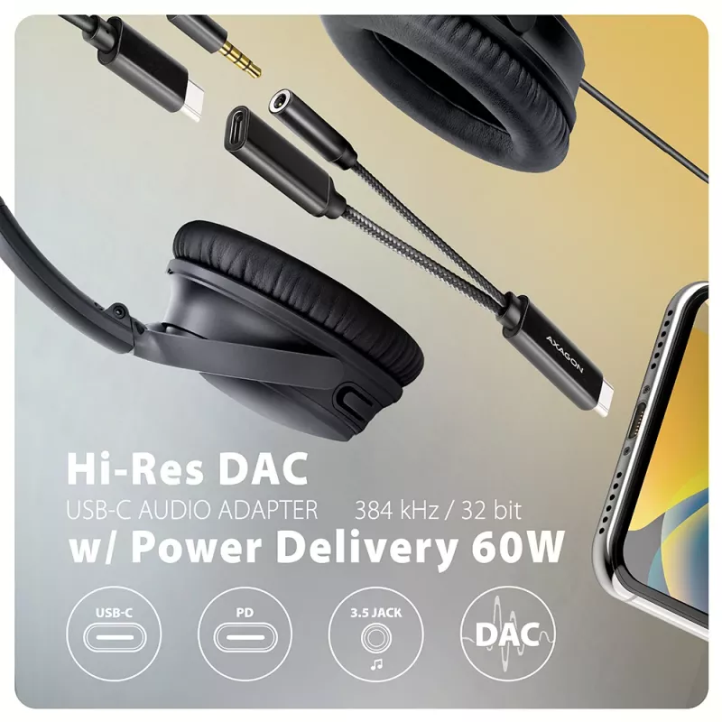Axagon ADA-HCPD USB-C 3,5 mm pesasse - Hi-Res DAC heliadapter, 384kHz/32bit, PD 60W 3A