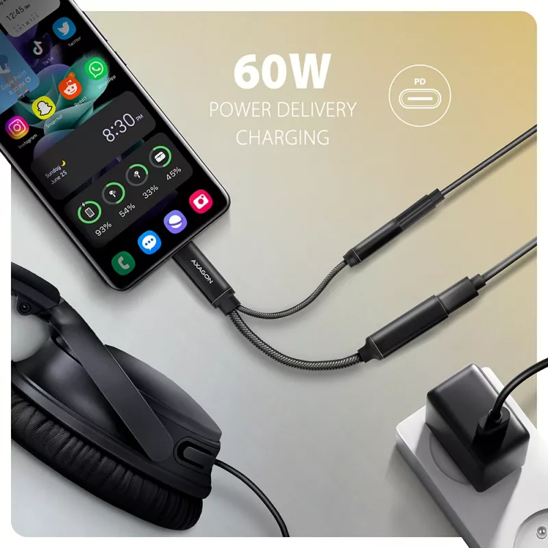 Axagon ADA-HCPD USB-C 3,5 mm pesasse - Hi-Res DAC heliadapter, 384kHz/32bit, PD 60W 3A