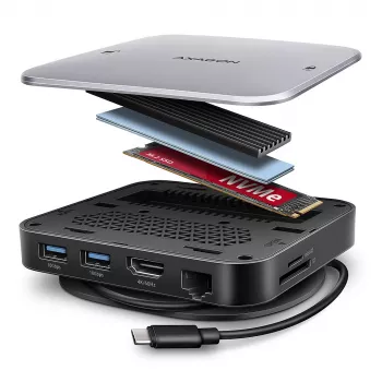 Axagon HMC-UFO USB-C jaotur M.2 SATA/NVMe 1 Gbit/s Ethernet 384 kHz Audio Juhtmega USB 3.2 Gen 2 (3.1 Gen 2) Type-C Must