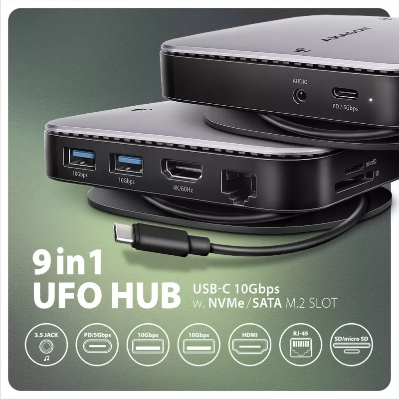 Axagon HMC-UFO USB-C jaotur M.2 SATA/NVMe 1 Gbit/s Ethernet 384 kHz Audio Juhtmega USB 3.2 Gen 2 (3.1 Gen 2) Type-C Must