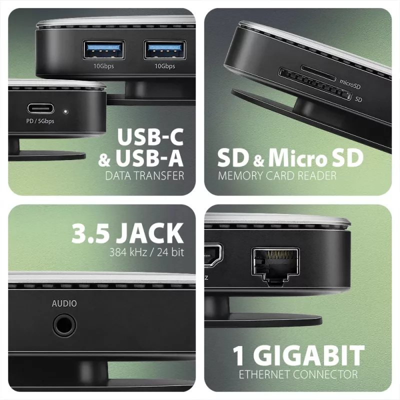 Axagon HMC-UFO USB-C jaotur M.2 SATA/NVMe 1 Gbit/s Ethernet 384 kHz Audio Juhtmega USB 3.2 Gen 2 (3.1 Gen 2) Type-C Must