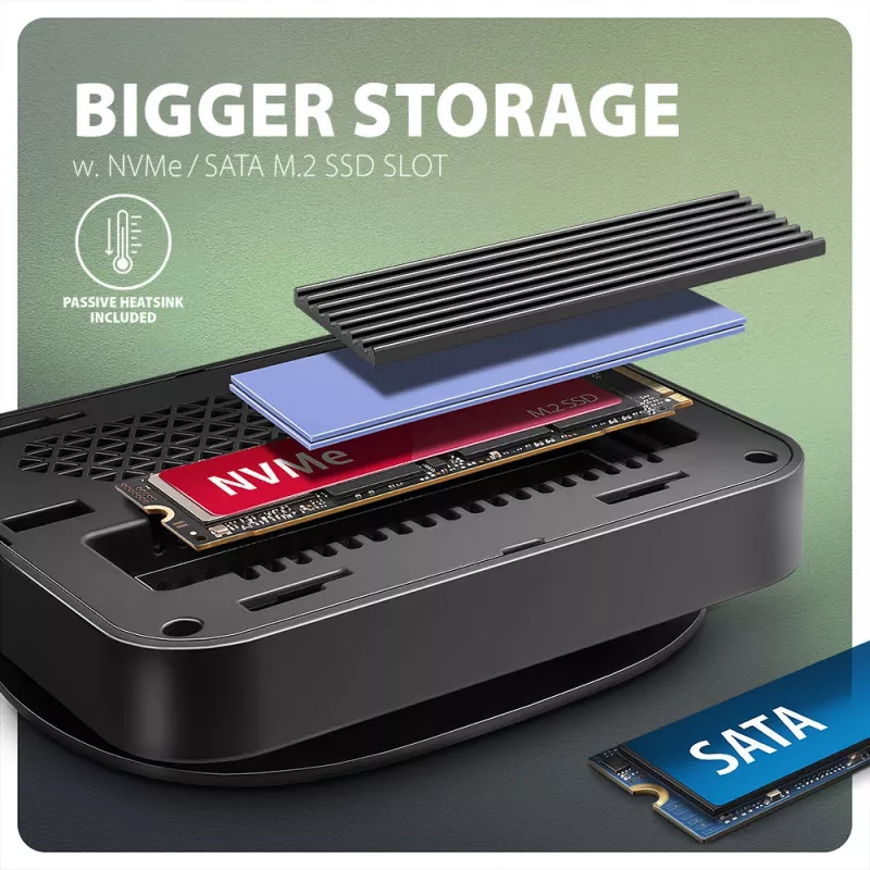 Axagon HMC-UFO USB-C jaotur M.2 SATA/NVMe 1 Gbit/s Ethernet 384 kHz Audio Juhtmega USB 3.2 Gen 2 (3.1 Gen 2) Type-C Must