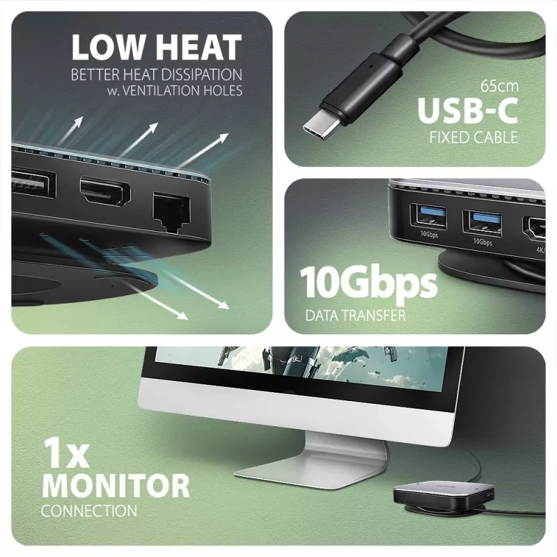 Axagon HMC-UFO USB-C jaotur M.2 SATA/NVMe 1 Gbit/s Ethernet 384 kHz Audio Juhtmega USB 3.2 Gen 2 (3.1 Gen 2) Type-C Must