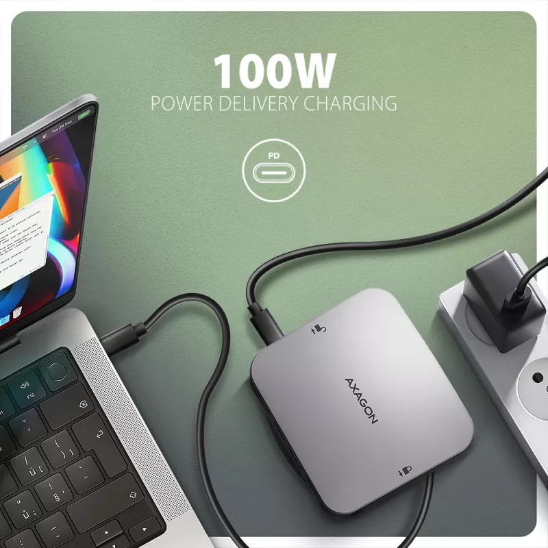 Axagon HMC-UFO USB-C jaotur M.2 SATA/NVMe 1 Gbit/s Ethernet 384 kHz Audio Juhtmega USB 3.2 Gen 2 (3.1 Gen 2) Type-C Must