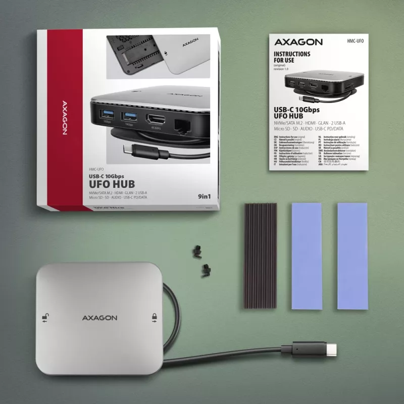 Axagon HMC-UFO USB-C jaotur M.2 SATA/NVMe 1 Gbit/s Ethernet 384 kHz Audio Juhtmega USB 3.2 Gen 2 (3.1 Gen 2) Type-C Must