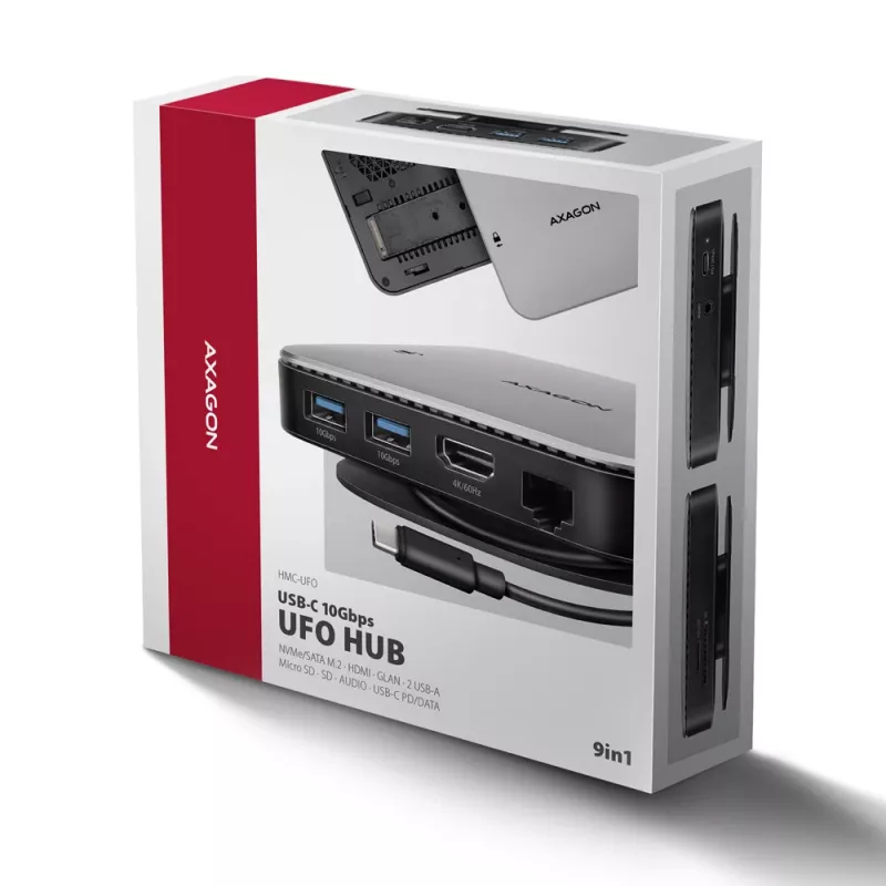 Axagon HMC-UFO USB-C jaotur M.2 SATA/NVMe 1 Gbit/s Ethernet 384 kHz Audio Juhtmega USB 3.2 Gen 2 (3.1 Gen 2) Type-C Must