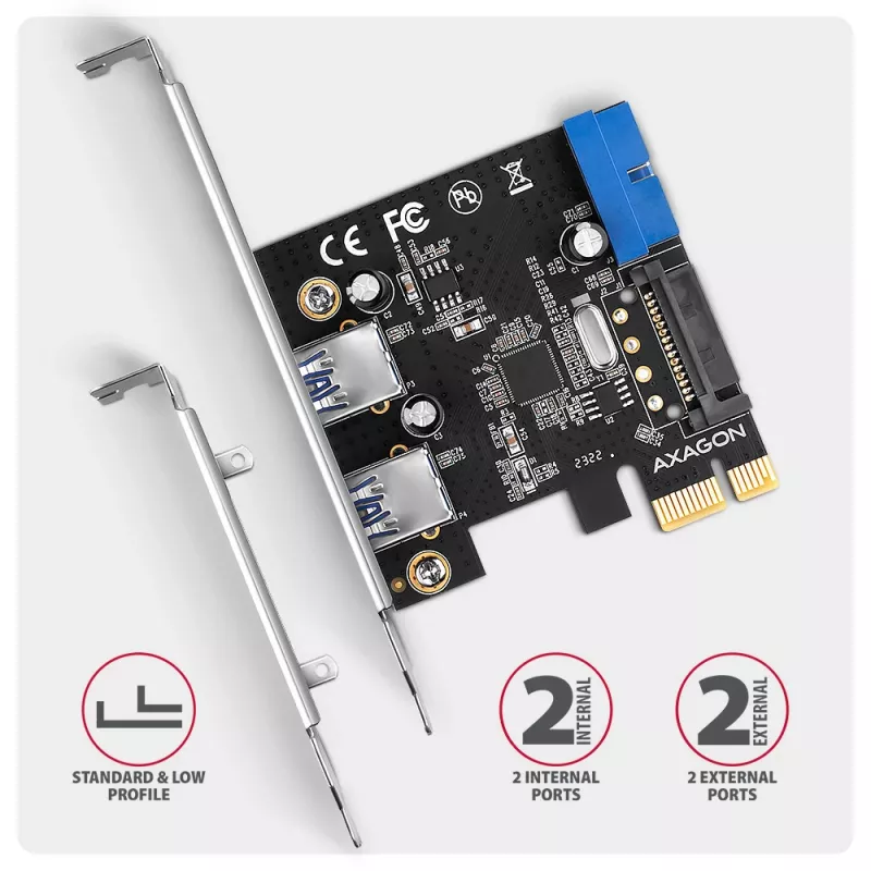 Axagon PCEU-232RS PCIe kontroller 2x väline + 2x sisemine USB 5Gbps