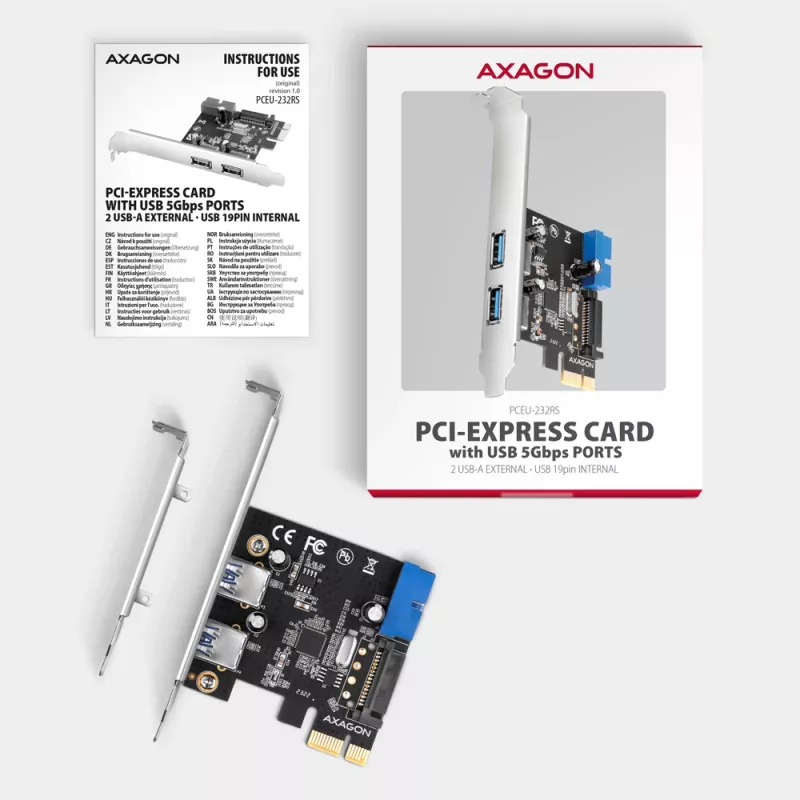 Axagon PCEU-232RS PCIe kontroller 2x väline + 2x sisemine USB 5Gbps