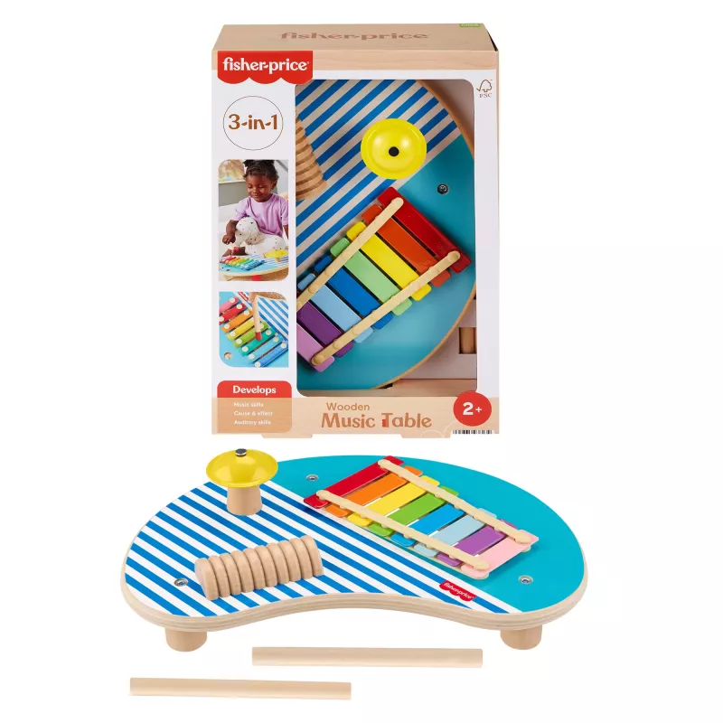 Fisher-Price puust muusikalaud löökpillimänguasjadega, 3 puust detaili