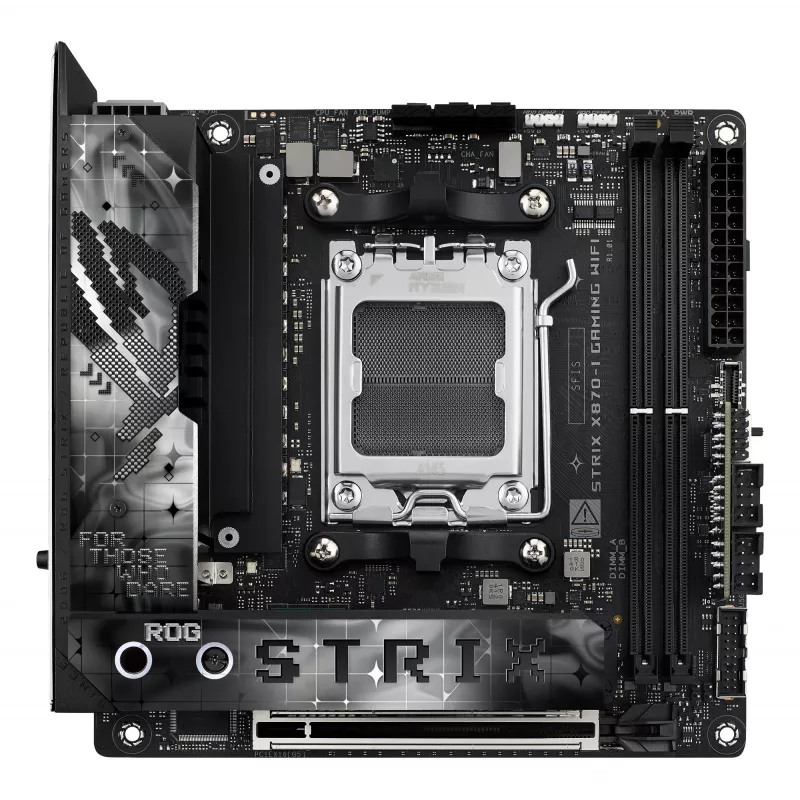 Emaplaat ASUS ROG STRIX X870-I GAMING WIFI mini ITX · AMD X870 · Socket AM5 · DDR5 · 2 DIMM · Wi‑Fi 7 · Bluetooth 5.4