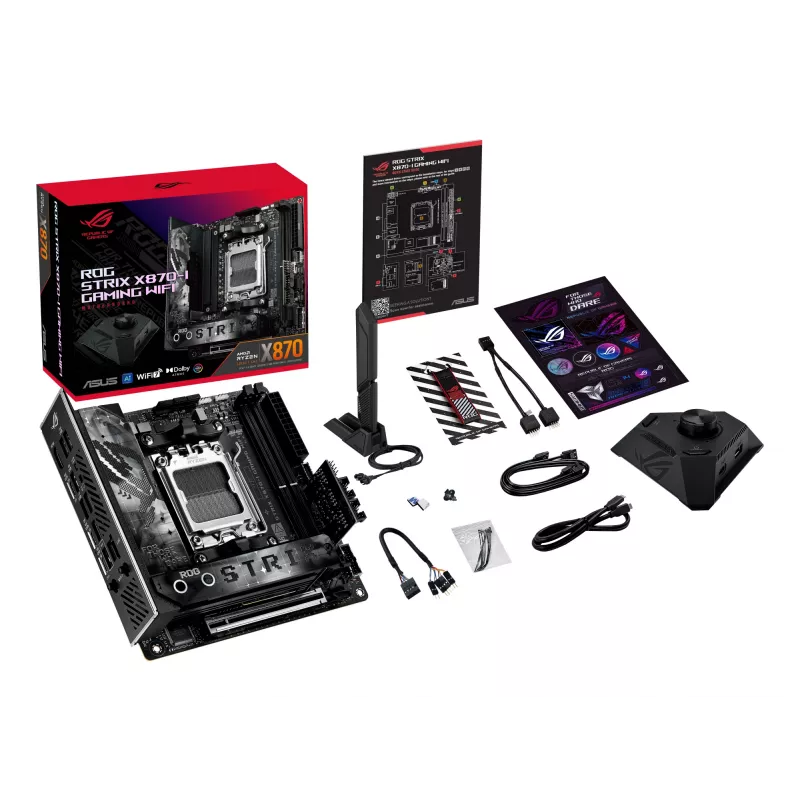 Emaplaat ASUS ROG STRIX X870-I GAMING WIFI mini ITX · AMD X870 · Socket AM5 · DDR5 · 2 DIMM · Wi‑Fi 7 · Bluetooth 5.4