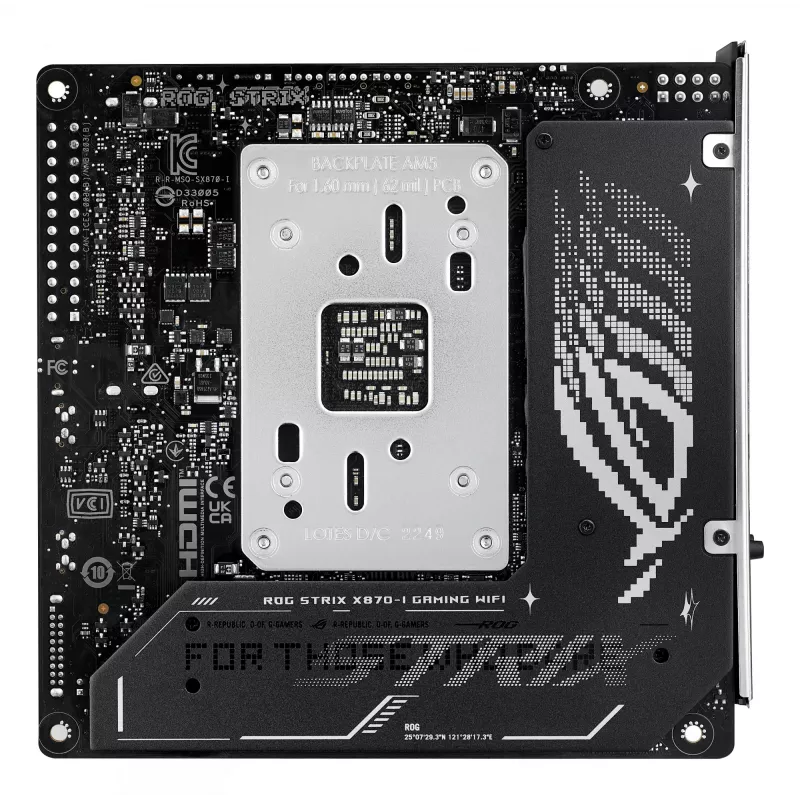 Emaplaat ASUS ROG STRIX X870-I GAMING WIFI mini ITX · AMD X870 · Socket AM5 · DDR5 · 2 DIMM · Wi‑Fi 7 · Bluetooth 5.4