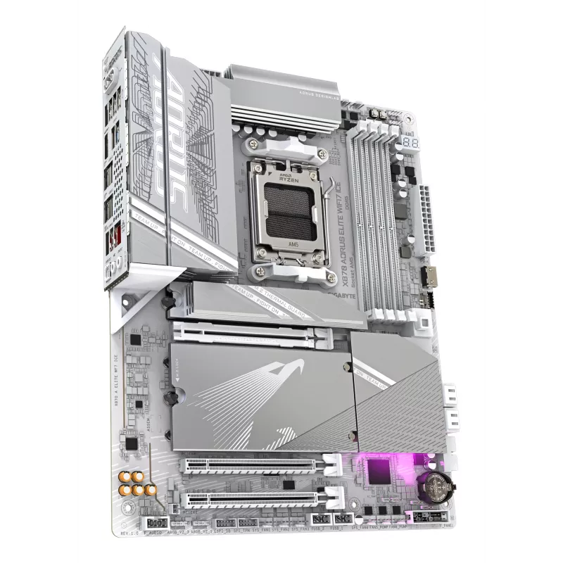GIGABYTE X870 AORUS ELITE WIFI7 ICE emaplaat – toetab AMD Ryzen 9000 protsessoreid, 16+2+2 faasi digitaalne VRM, kuni 8200MHz DDR5 (OC), 3xPCIe 5.0 + 1xPCIe 4.0, Wi-Fi 7, 2.5GbE LAN, USB 4