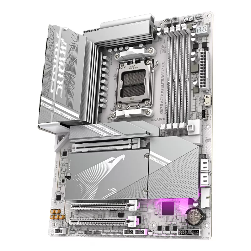 GIGABYTE X870 AORUS ELITE WIFI7 ICE emaplaat – toetab AMD Ryzen 9000 protsessoreid, 16+2+2 faasi digitaalne VRM, kuni 8200MHz DDR5 (OC), 3xPCIe 5.0 + 1xPCIe 4.0, Wi-Fi 7, 2.5GbE LAN, USB 4