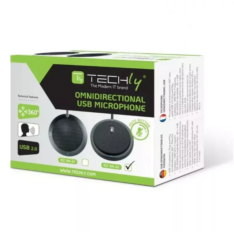Konverentsimikrofon TECHLY 362725, USB Type-A juhtmega, ringsuunaline, 3 m ulatus, 100–16000 Hz, 680 Ω, metallkorpus, 2 m kaabel