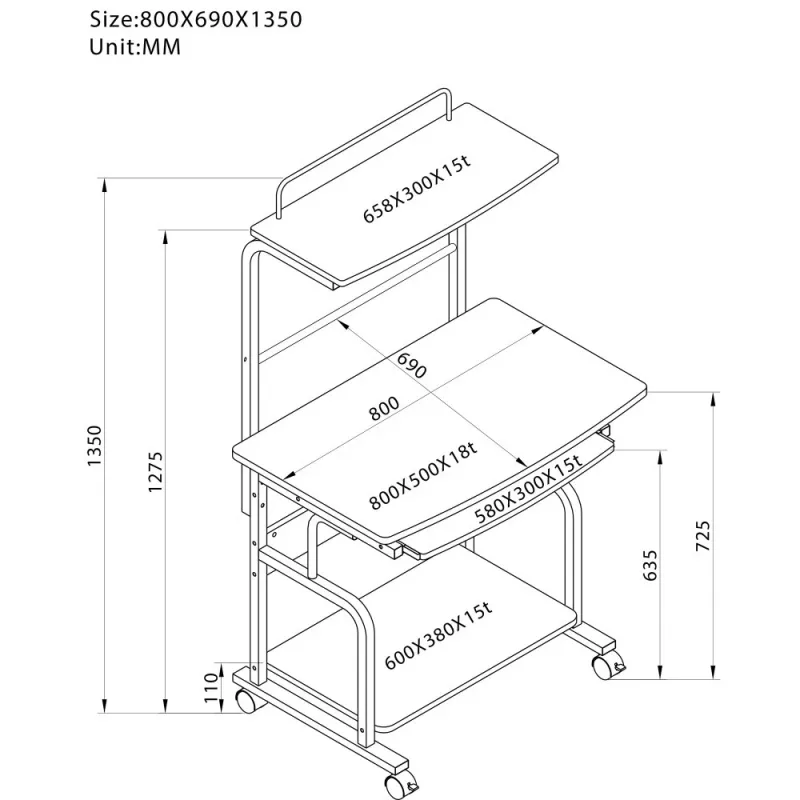Techly Compact Multi-Function Computer Desk, Glossy Must ICA-TB 7800BK