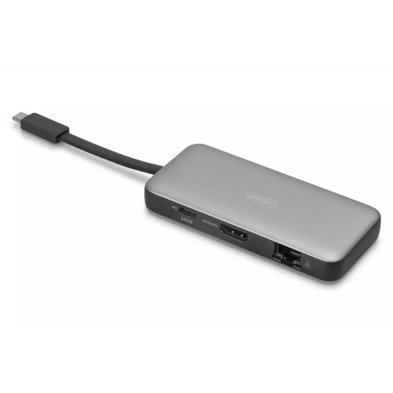 DIGITUS USB-C reisidokk, 7 porti - HDMI / 2x USB-A 3.2 Gen 1 / GbE / SD / MicroSD - 100W USB-C toiteedastus