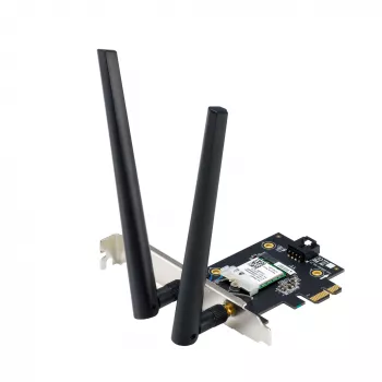 Sisemine WLAN Bluetooth adapter ASUS PCE-BE6500 — PCIe, kolmeribaline Wi‑Fi 6E/7 (2,4/5/6 GHz), Bluetooth 5.4, 2882 Mbps, väline antenn, must