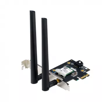 Sisemine WLAN Bluetooth adapter ASUS PCE-BE6500 — PCIe, kolmeribaline Wi‑Fi 6E/7 (2,4/5/6 GHz), Bluetooth 5.4, 2882 Mbps, väline antenn, must