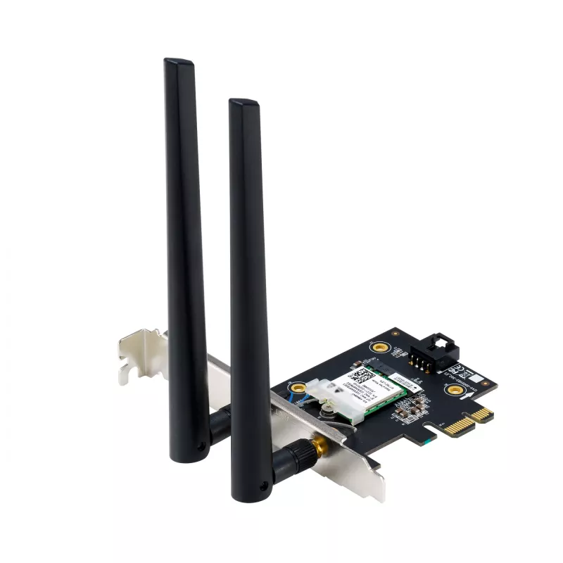 Sisemine WLAN Bluetooth adapter ASUS PCE-BE6500 — PCIe, kolmeribaline Wi‑Fi 6E/7 (2,4/5/6 GHz), Bluetooth 5.4, 2882 Mbps, väline antenn, must