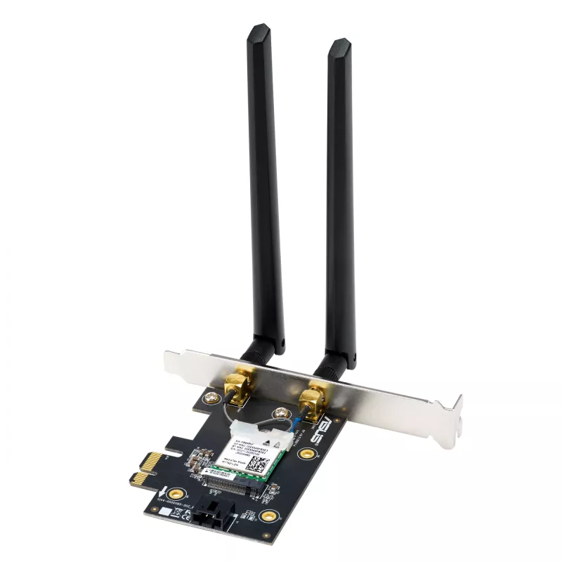 Sisemine WLAN Bluetooth adapter ASUS PCE-BE6500 — PCIe, kolmeribaline Wi‑Fi 6E/7 (2,4/5/6 GHz), Bluetooth 5.4, 2882 Mbps, väline antenn, must