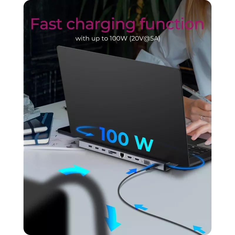 ICY BOX 11-in-1 via USB USB-C, juhtmega, USB 3.2 Gen 1 (3.1 Gen 1) USB-C, 100 W, 3,5 mm, 10,100,1000 Mbit/s, antratsiit, must