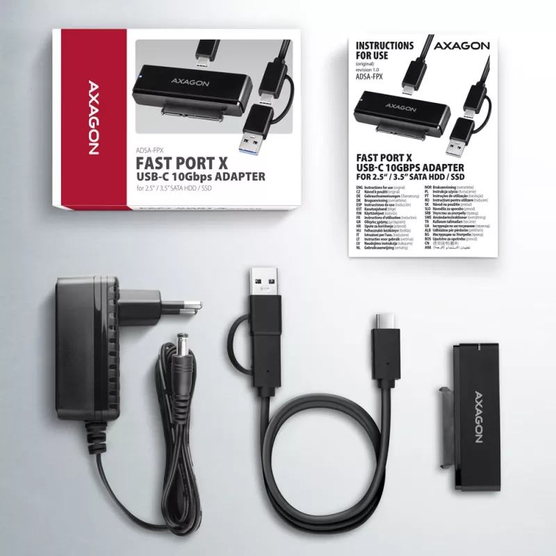 Axagon ADSA-FPX USB-C 10Gbps FAST PORT X adapter 2.5-tollistele/3.5-tollistele SSD/HDD-dele