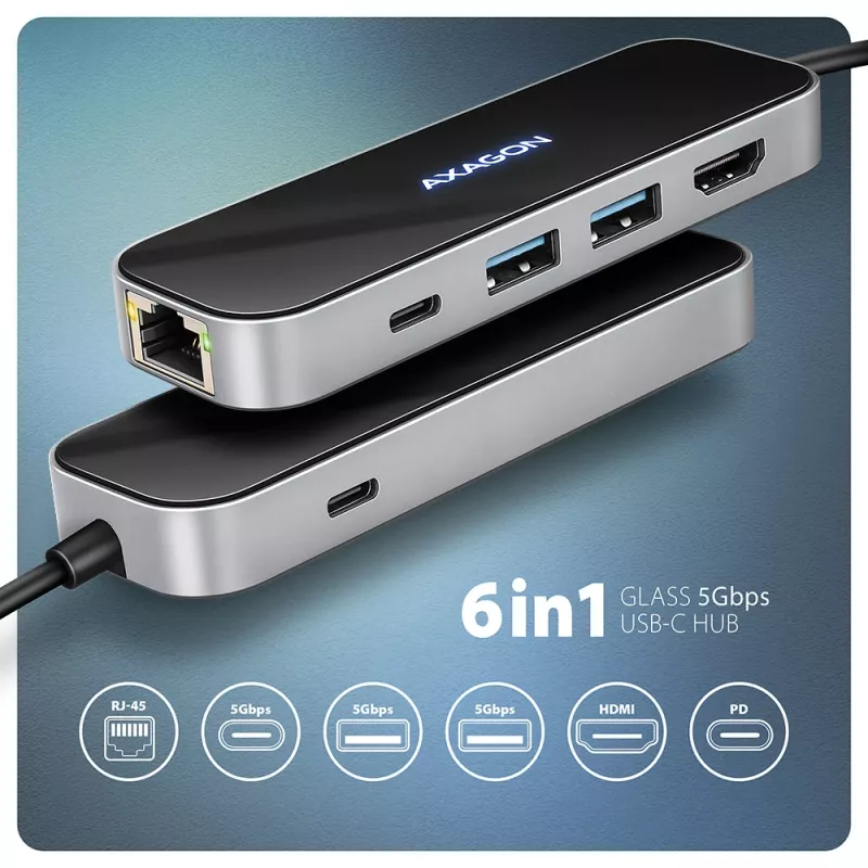 Axagon HMC-6GLN USB 5Gbps jaotur, 2x USB-A, USB-C, HDMI 4k/60Hz, RJ-45, PD 100W, USB-C kaabel