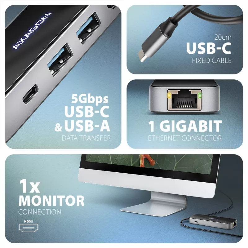 Axagon HMC-6GLN USB 5Gbps jaotur, 2x USB-A, USB-C, HDMI 4k/60Hz, RJ-45, PD 100W, USB-C kaabel