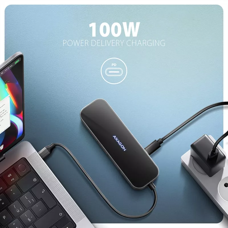 Axagon HMC-6GLN USB 5Gbps jaotur, 2x USB-A, USB-C, HDMI 4k/60Hz, RJ-45, PD 100W, USB-C kaabel